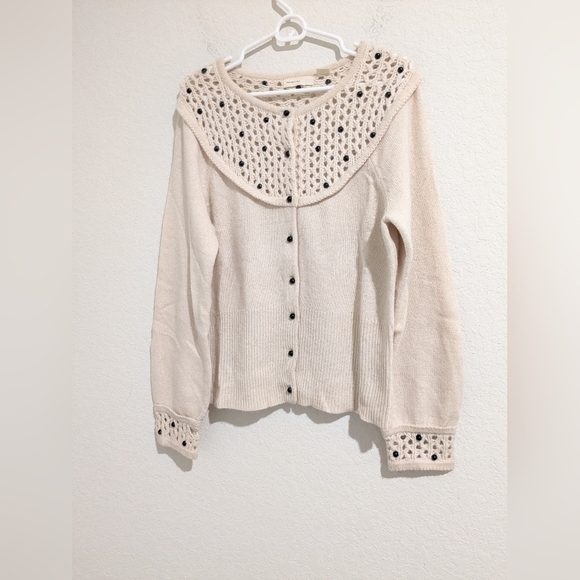 Anthropologie Cream Wool Cashmere Blend Black Pearl Sweater Cottagecore Grandma - Picture 3 of 12